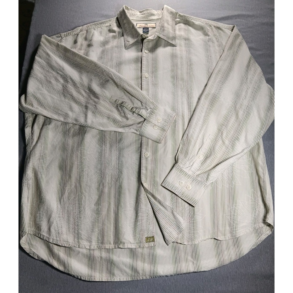 Tommy Bahama Mens Long Sleeve Green Striped Button-Up Shirt Silk Blend Size 2XL